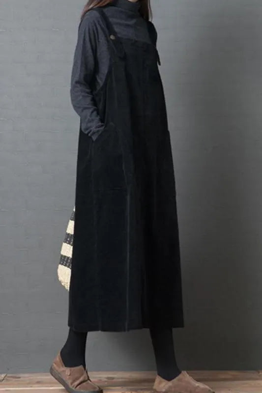 Corduroy Loose Large Pocket Suspenders Dress