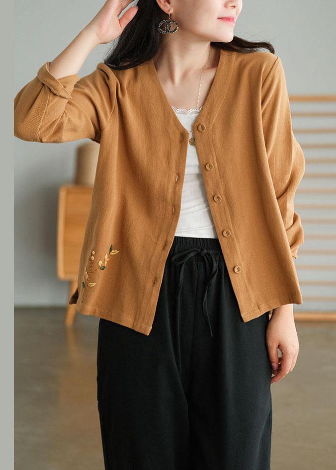 Unique Khaki Side Open Embroidered Fall Long Sleeve Shirt