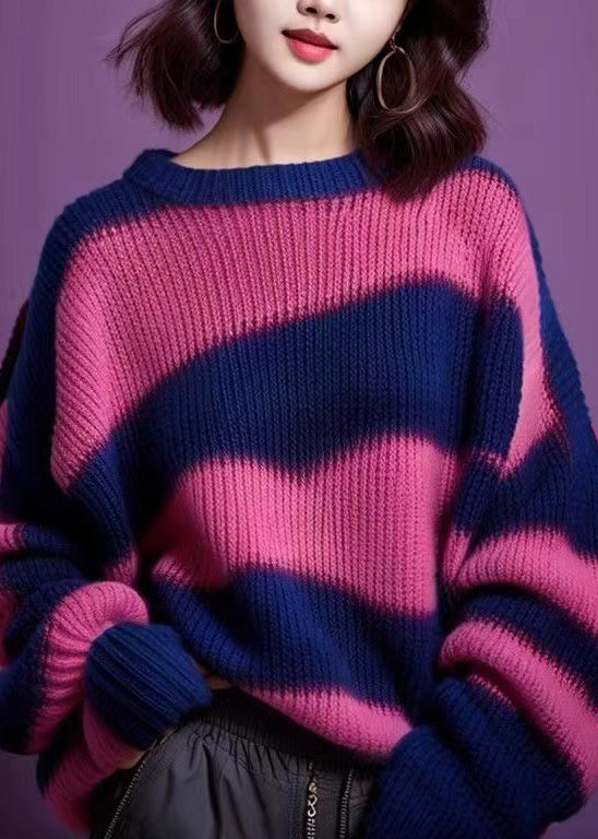 Purple O Neck Thick Patchwork Knit Sweater Winter