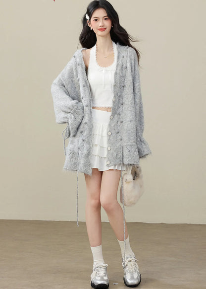 Grey Fuzzy Ball Decorated Drawstring Knit Cardigan Spring