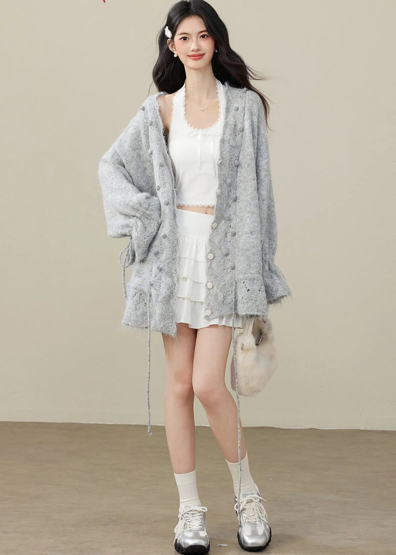 Grey Fuzzy Ball Decorated Drawstring Knit Cardigan Spring