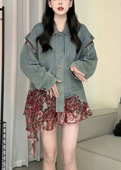 Blue Peter Pan Collar Asymmetrical Print Print Denim Coat Spring