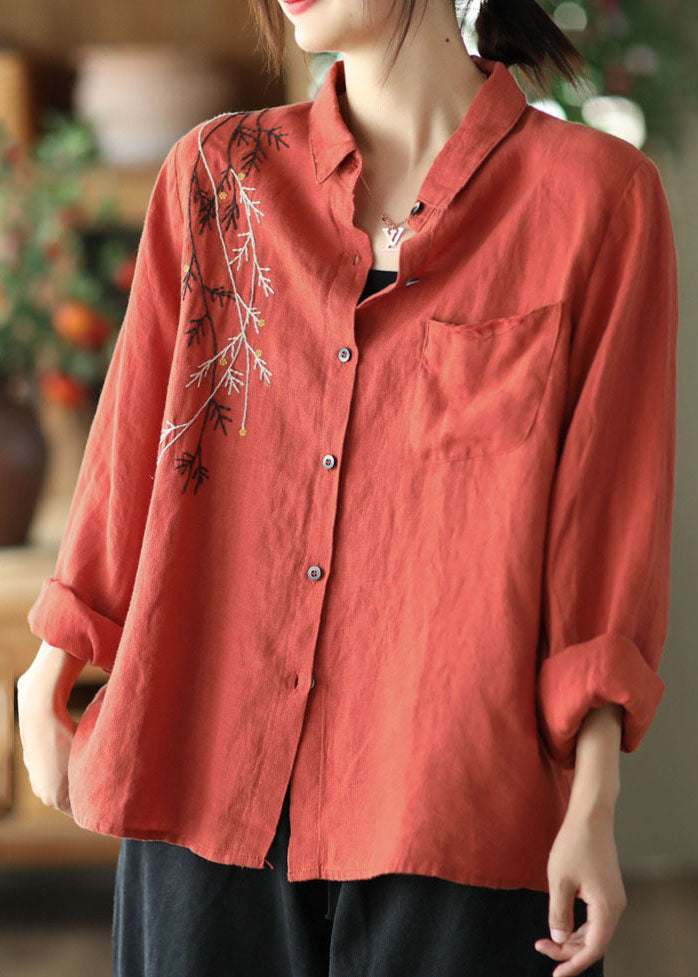 Red Peter Pan Collar Patchwork Linen Blouses Spring