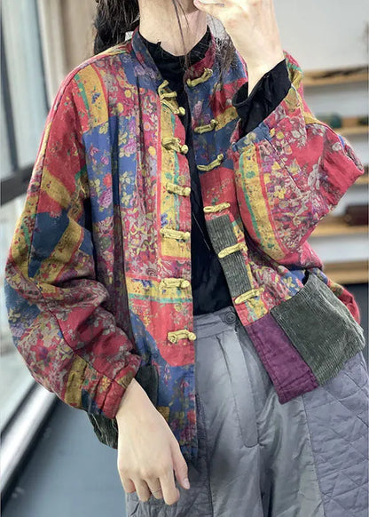 Red Pockets Button Print Fall Long Sleeve Coat