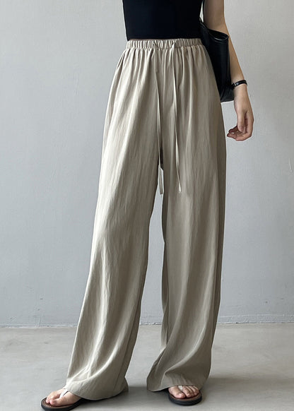 Beige Drawstring Draping Cotton Straight Pants Fall