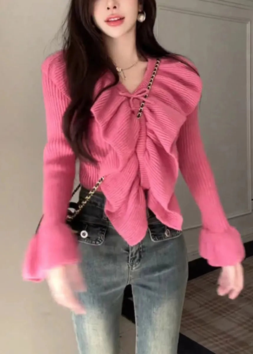 Rose Ruffled Patchwork Cotton Knit Sweaters Spring