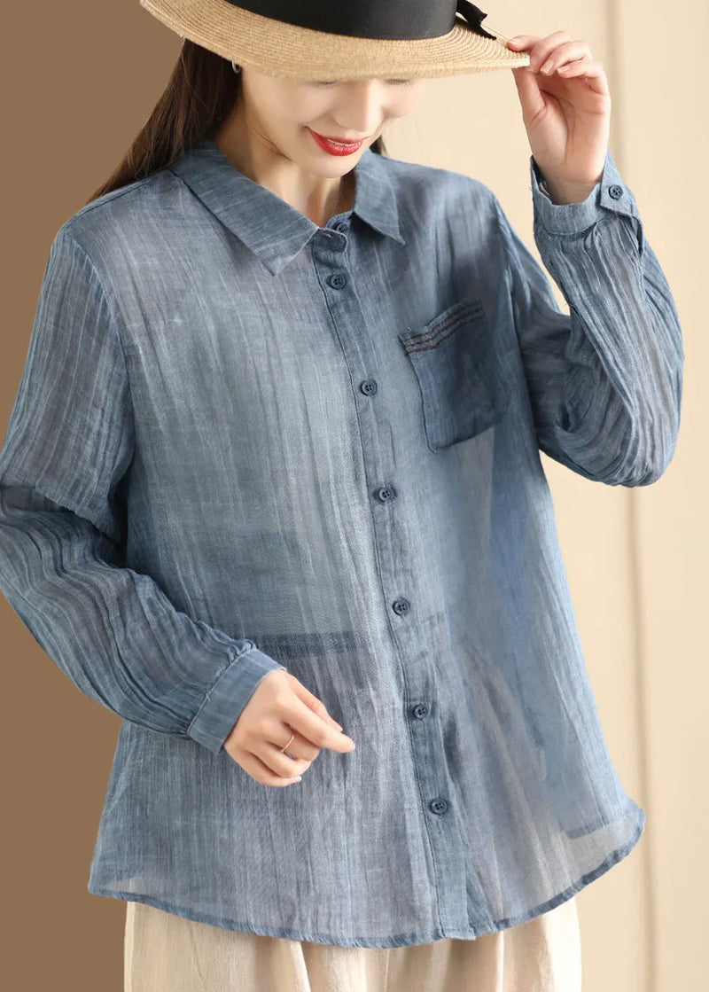 Yellow Peter Pan Collar Button Linen Blouses Long Sleeve