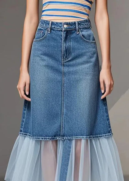 Natural Blue Silm Fit Patchwork Denim Tulle Skirt Spring