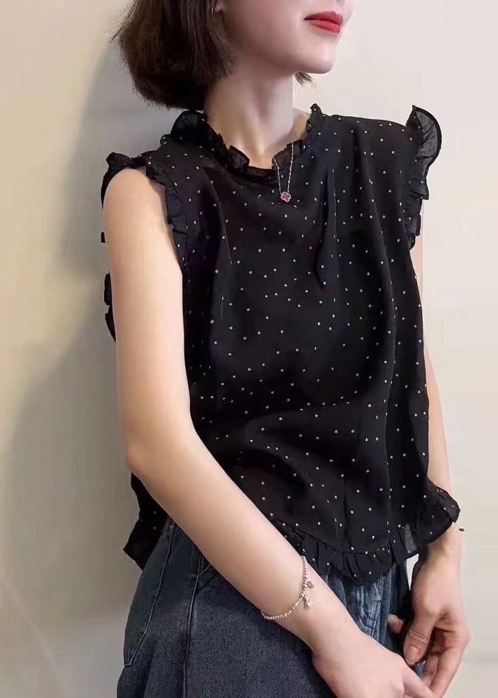 Black Dot Print Ruffled Chiffon Vests Sleeveless