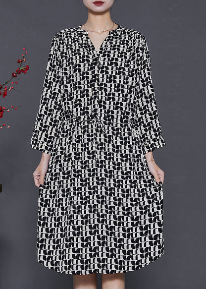 Black Cinched Print Silk Mid Dress Summer