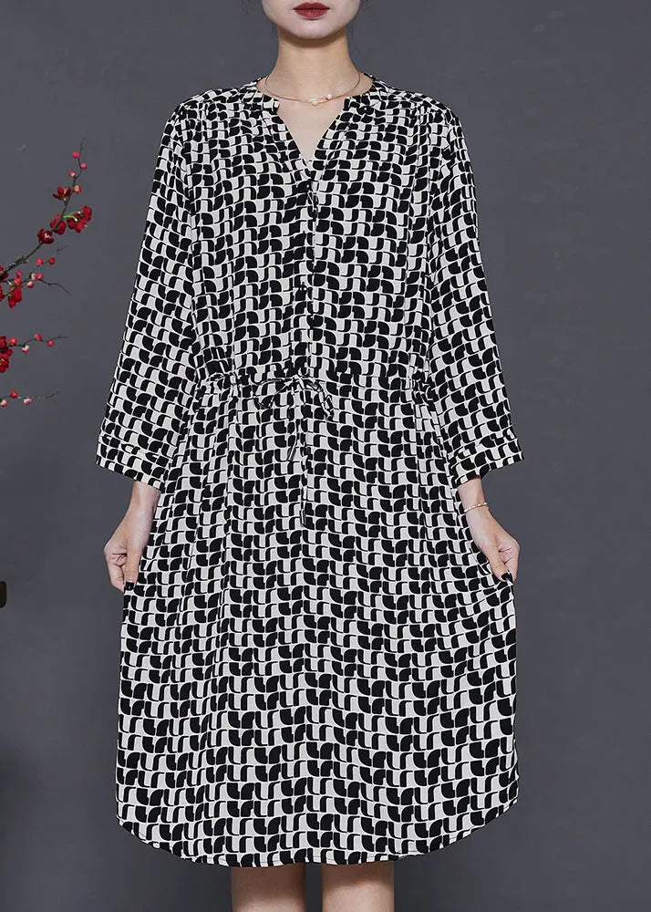 Black Cinched Print Silk Mid Dress Summer