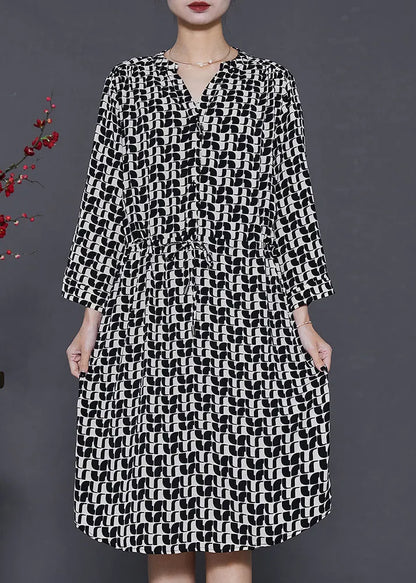 Black Cinched Print Silk Mid Dress Summer
