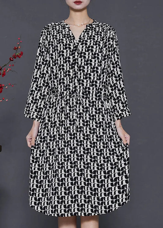 Black Cinched Print Silk Mid Dress Summer