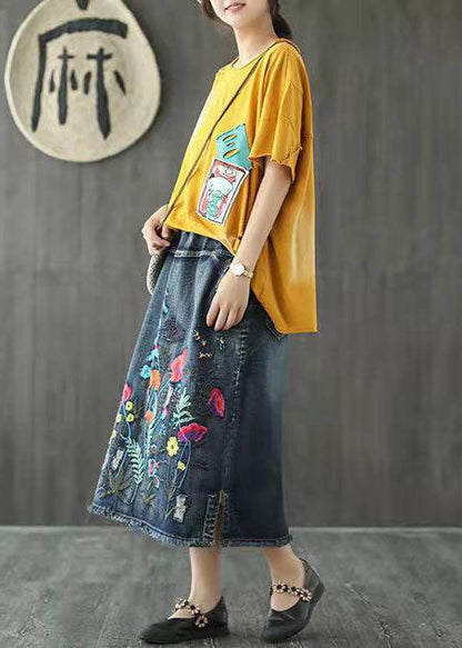 Dark Blue Embroidered Tasseled a Line Summer Skirts Denim