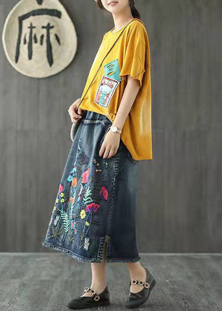 Dark Blue Embroidered Tasseled a Line Summer Skirts Denim