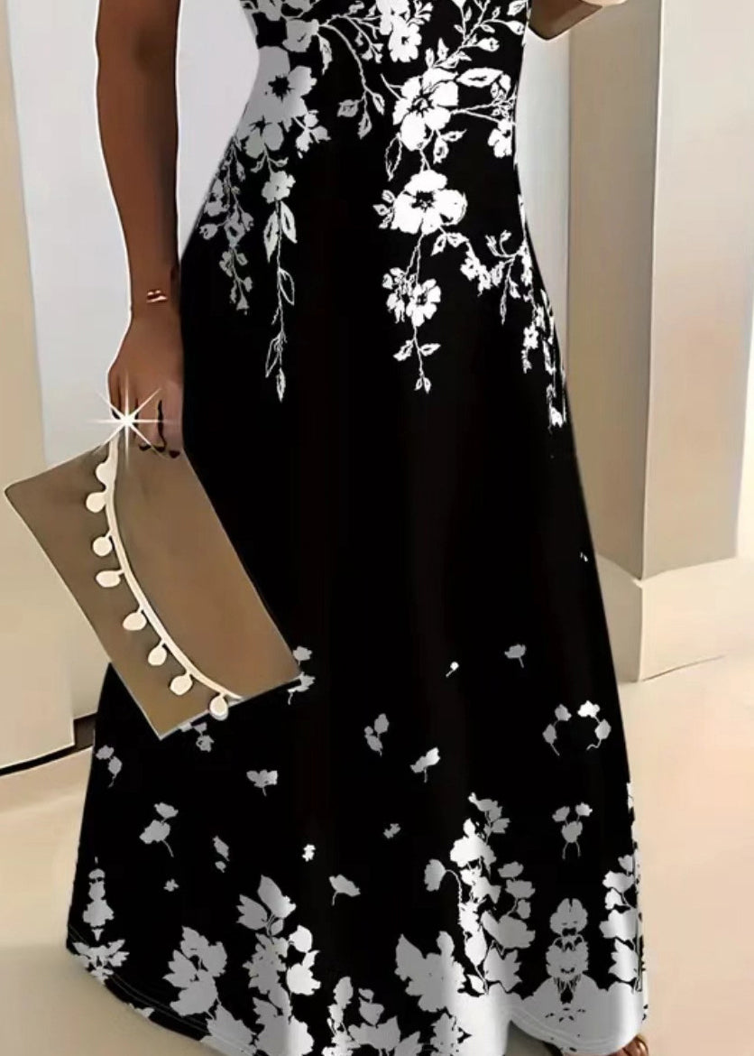 Black Print Cotton Spaghetti Strap Dress Summer