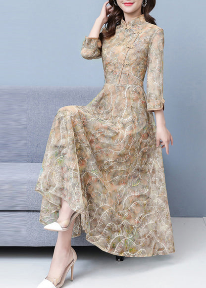 Khaki Print Exra Large Hem Lace Oriental Dresses Spring