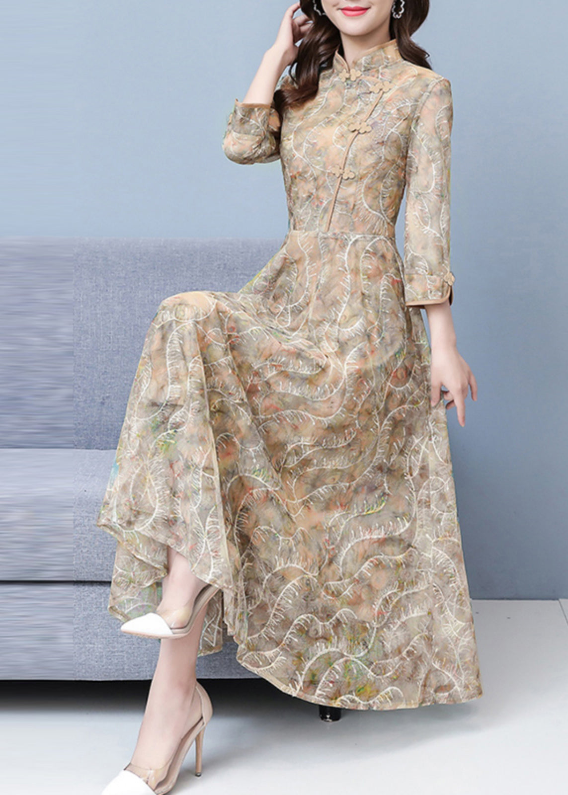 Khaki Print Exra Large Hem Lace Oriental Dresses Spring