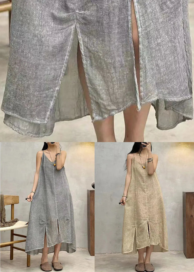 Loose Apricot V Neck Linen Spaghetti Strap Dress Sleeveless