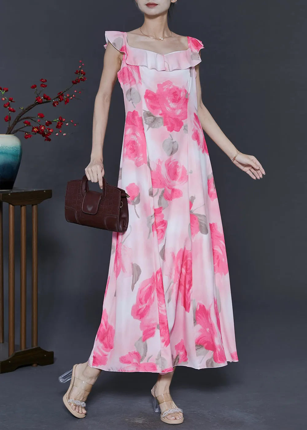 Pink Print Chiffon Long Dress Summer