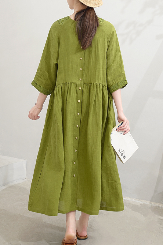 Summer Sand Washed Linen Lace Panel Dress
