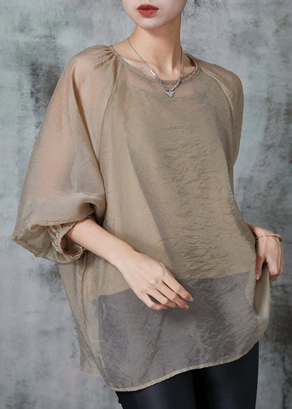 French Khaki Oversized Chiffon Upf 50+ Top Two Piece Set Summer