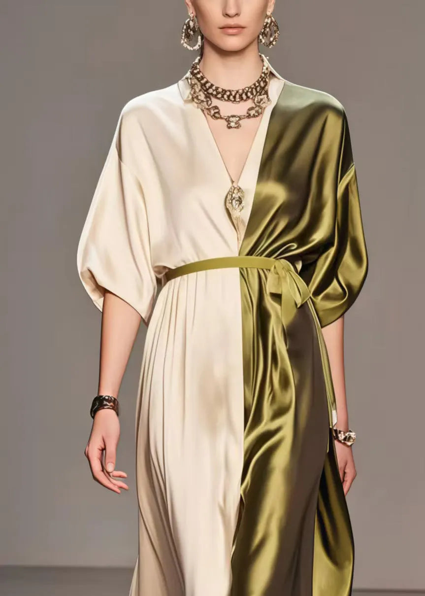 New Retro Colorblock V Neck Patchwork Silk Tunic Dress Summer