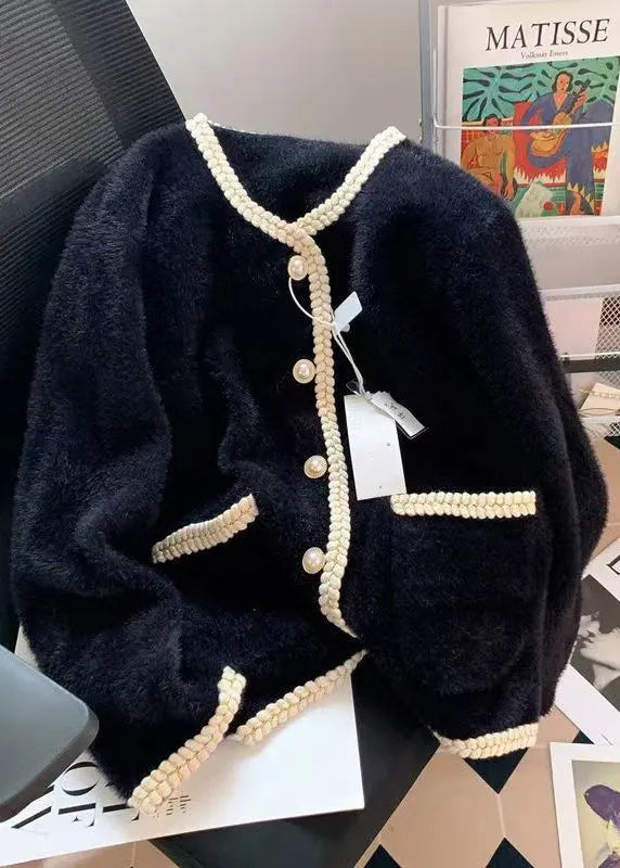 Pink Pockets Button Mink Hair Knitted Coat Fall