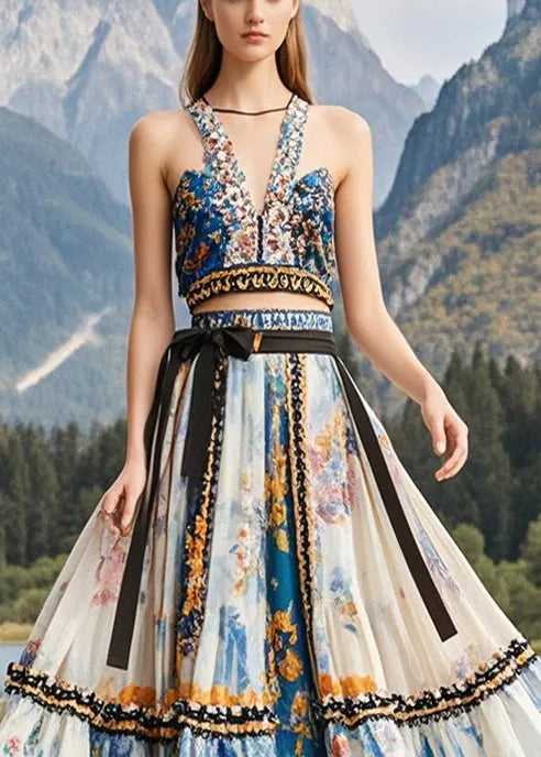 Apricot Ruffled Print Exra Large Hem Chiffon Skirts Fall
