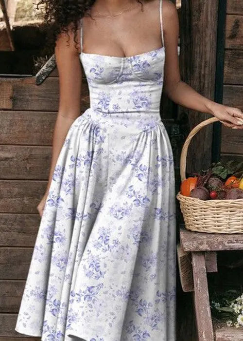 Blue Print Bustier Top Cotton Spaghetti Strap Dress Sleeveless
