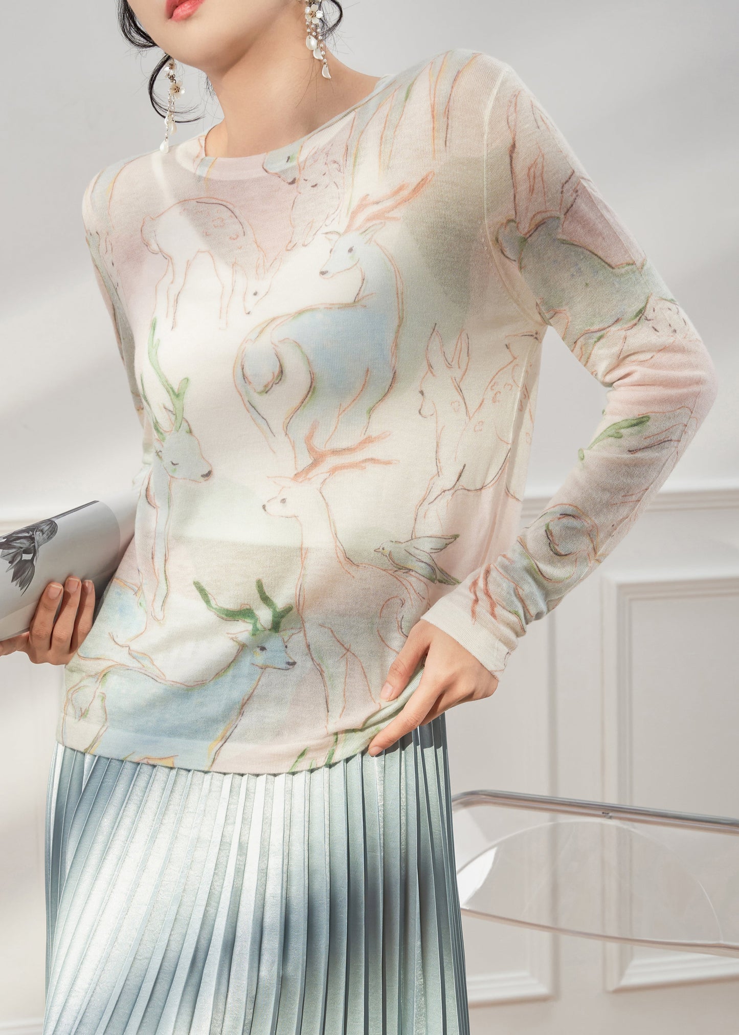 New O Neck Animal Print Thin Knit T Shirt Fall