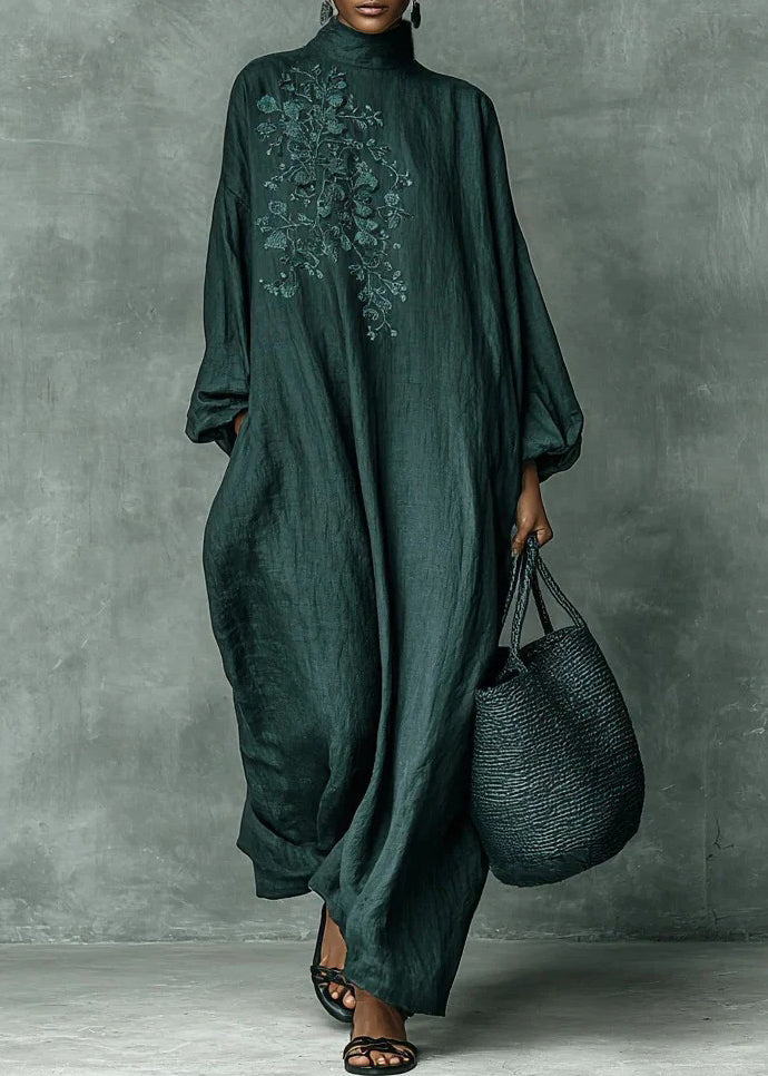 Green Hign Neck Print Pockets Cotton Dress Fall