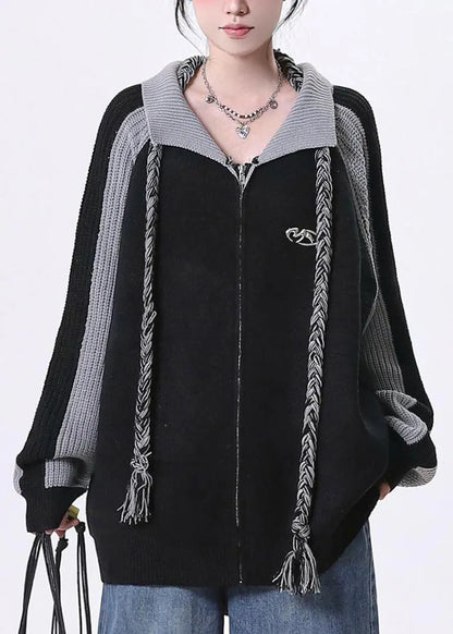 Black Zip Up Patchwork Loose Knit Cardigan Spring
