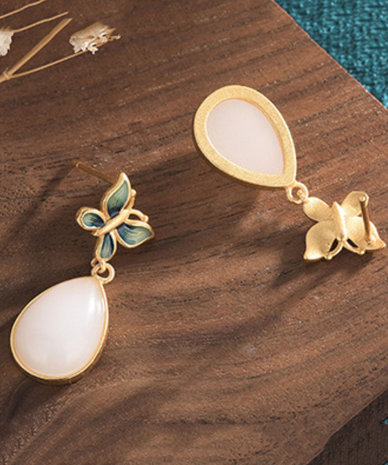 Blue Ancient Gold Inlaid Jade Butterfly Water Drop Drop Earrings