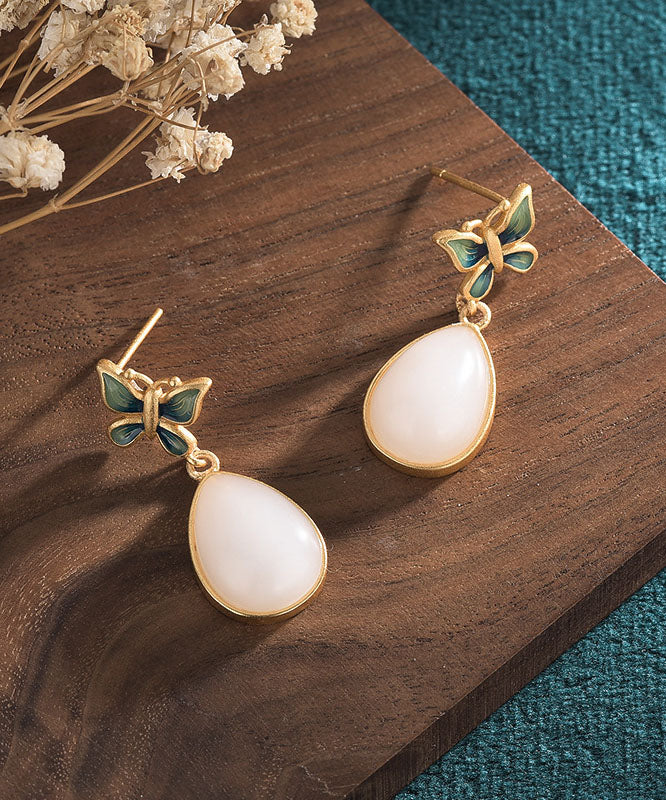 Blue Ancient Gold Inlaid Jade Butterfly Water Drop Drop Earrings