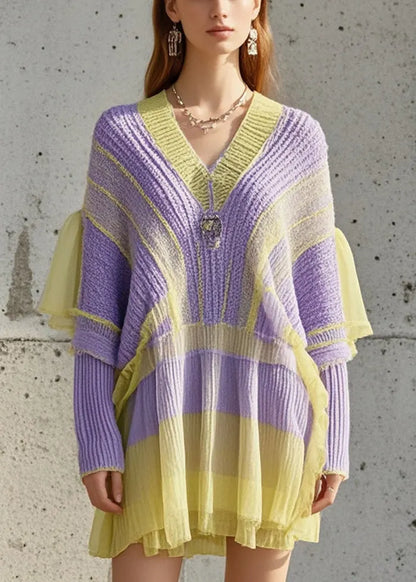 Purple Oversized Patchwork Tulle Knitted Dress Fall