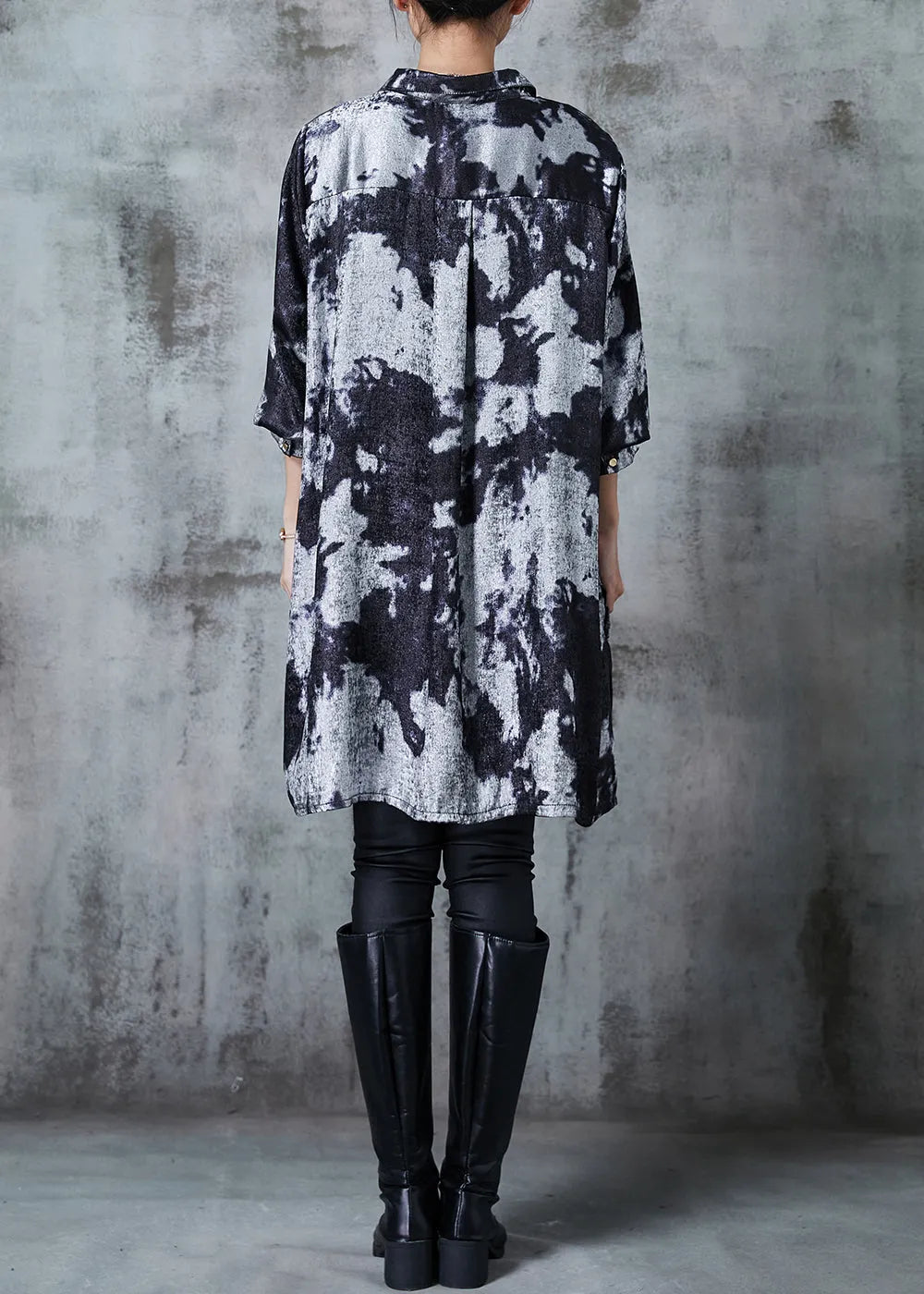 Grey Oversized Tie Dye Silk Velour Shirt Dress Fall