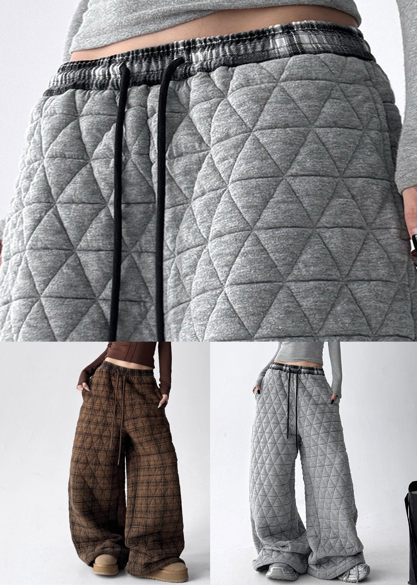 Coffee Plaid Pockets Elastic Waist Cotton Filled Pants Winter