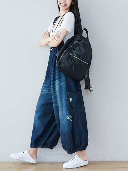 Summer Retro Frayed Washed Denim Jumpsuits
