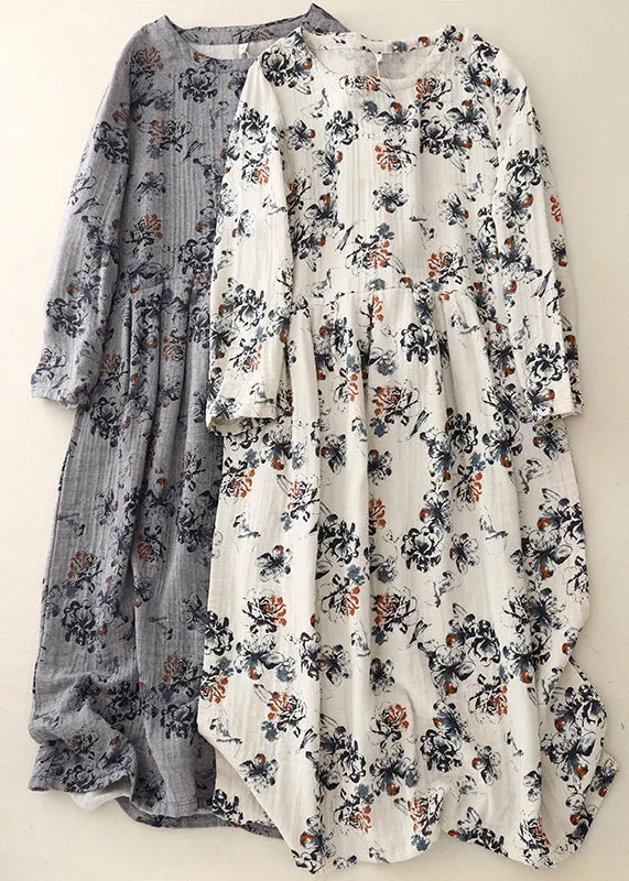 White Oversized Print Linen Maxi Dresses Spring