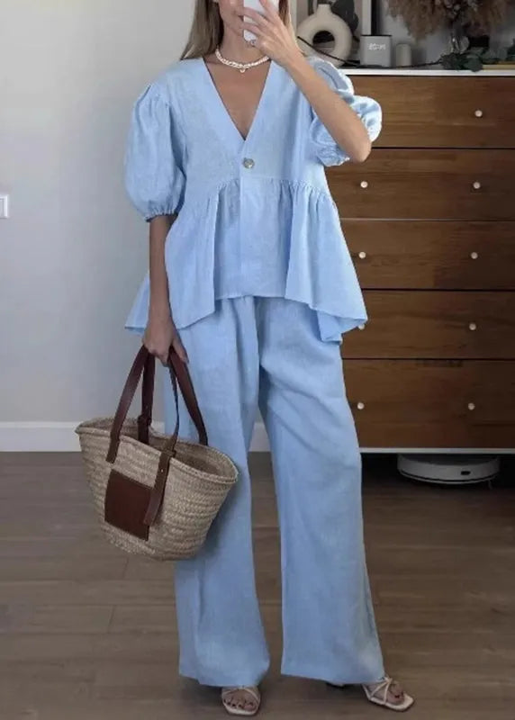 Brief Blue V Neck Shirts and Wide Leg Pants Two Piece Set Short Sleeve