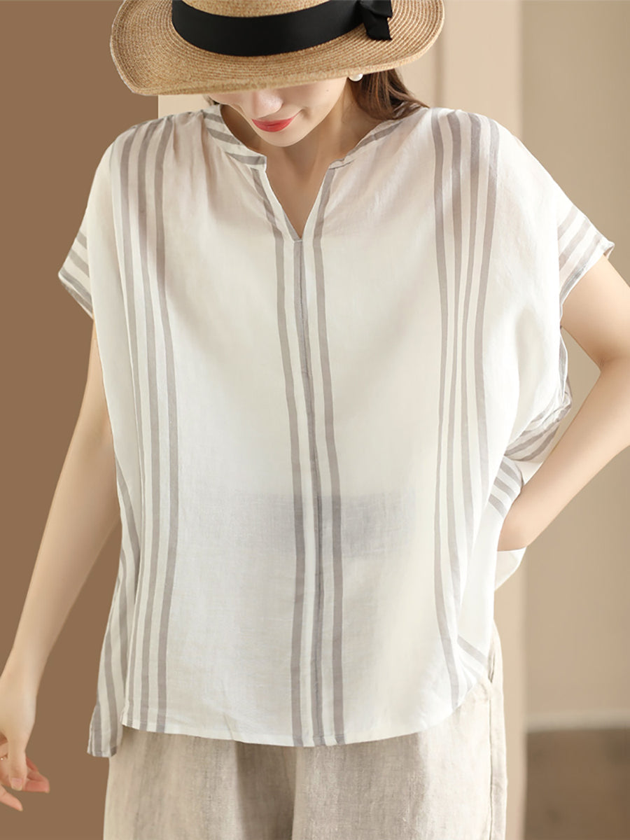 Summer Artsy Stripe V-neck Thin Linen Shirt