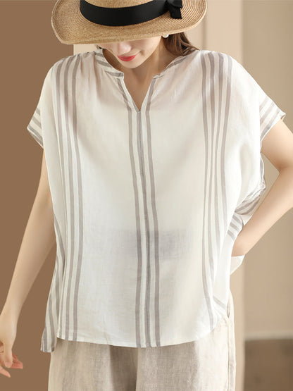Summer Artsy Stripe V-neck Thin Linen Shirt