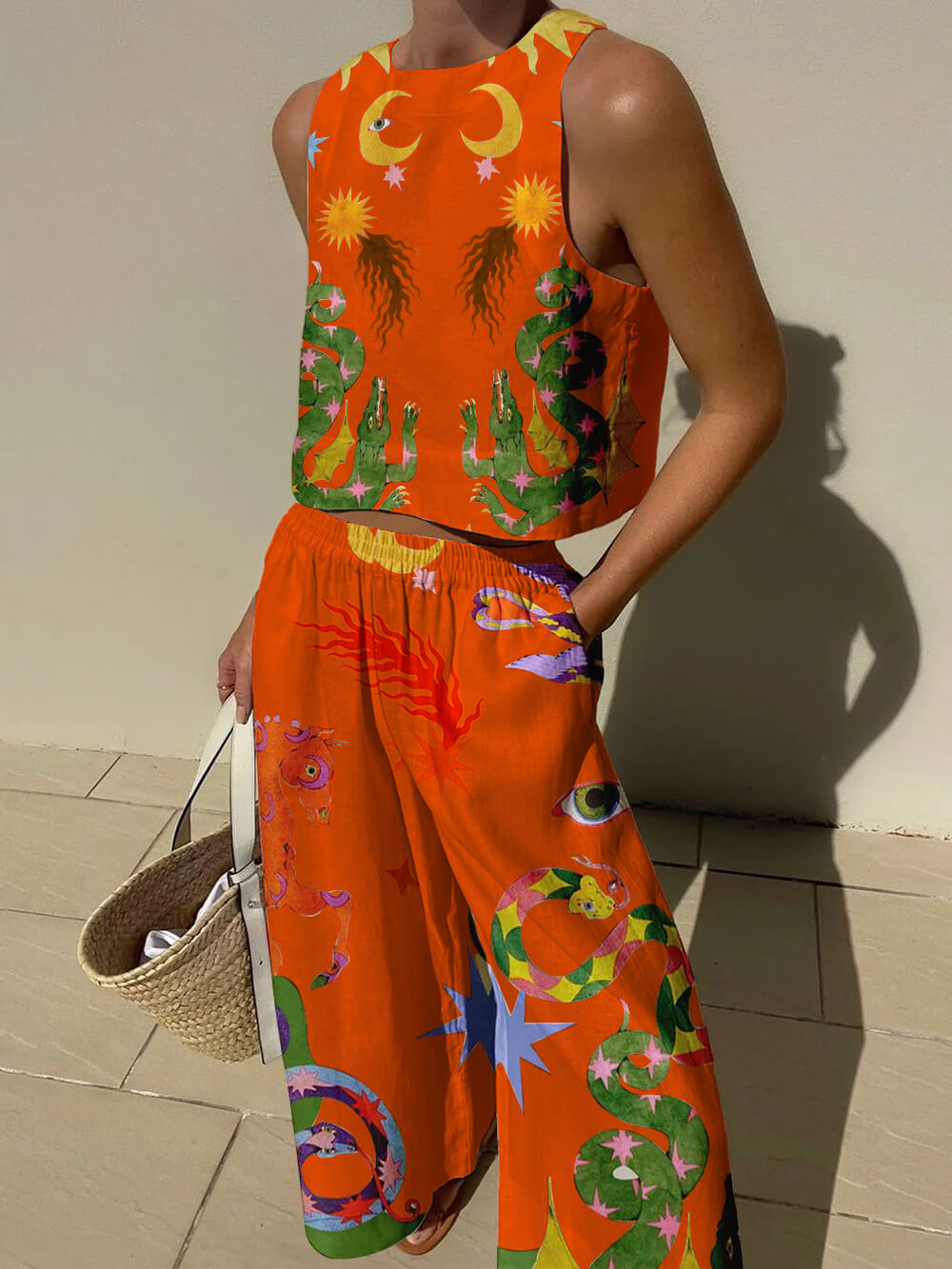 Beauty Unique Print Tank and Elastic Waist Pocketed Pants Set