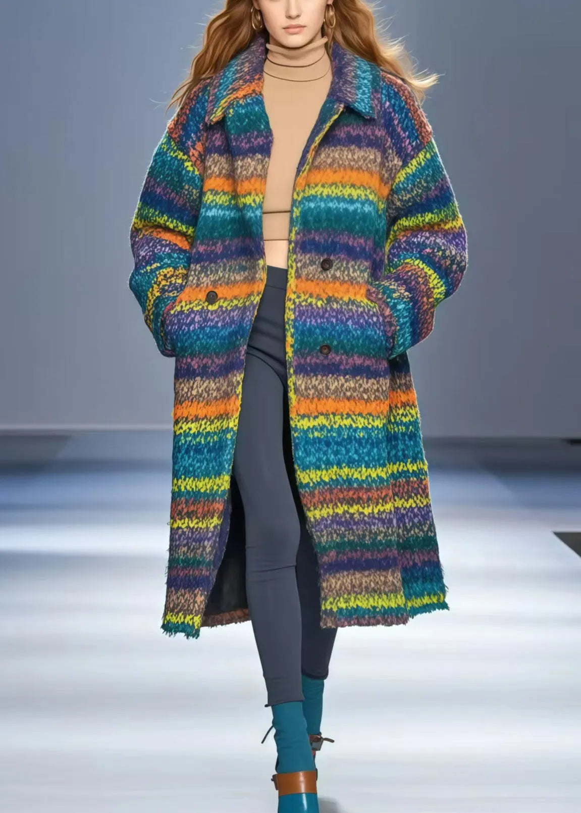 Multicolor Oversized Thick Woolen Coat Outwear Fall