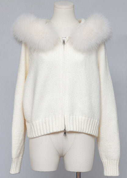 White Hooded Zippered Cozy Patchwork Knit Coat