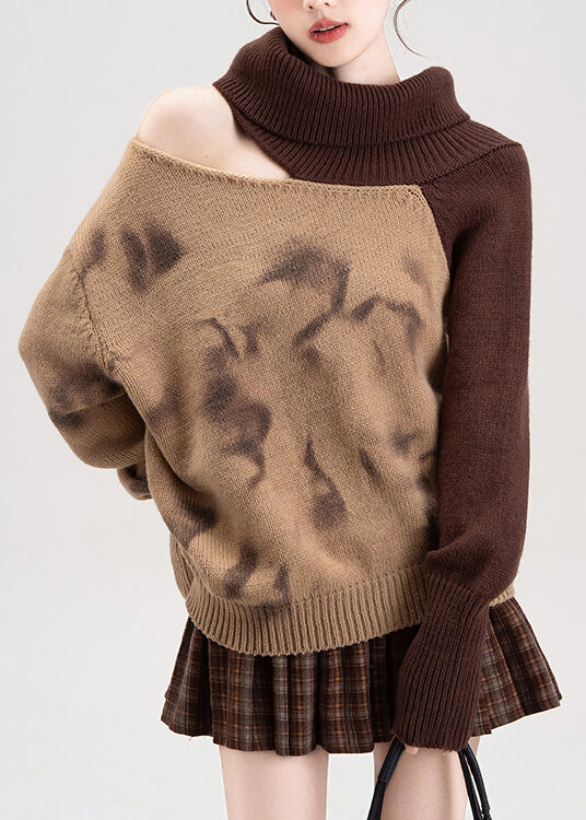 Red Cold Shoulder Patchwork Knit Sweaters Fall