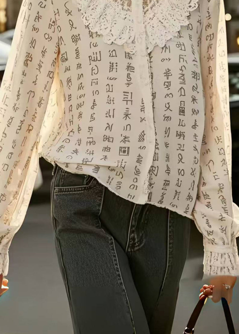 Beige Print Patchwork Lace Hollow Out Shirts Spring