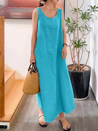 Cotton Linen Simple Wind Loose Pockets Round Neck Temperament Sleeveless Color Dress Female