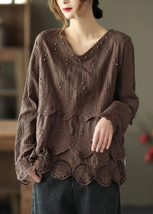 Chocolate Embroidered Hollow Out Fall Long Sleeve Shirt Tops